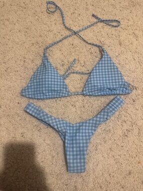 SHEIN Light Blue Gingham Triangle Bikini Set